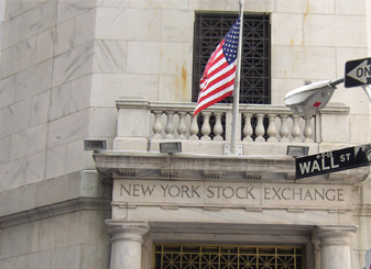 New York Stock Exchange hoek Wall Street in het Financial District